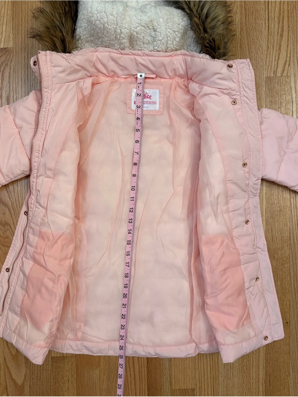 Justice Light Pink Puffer Coat with Faux Fur Hood